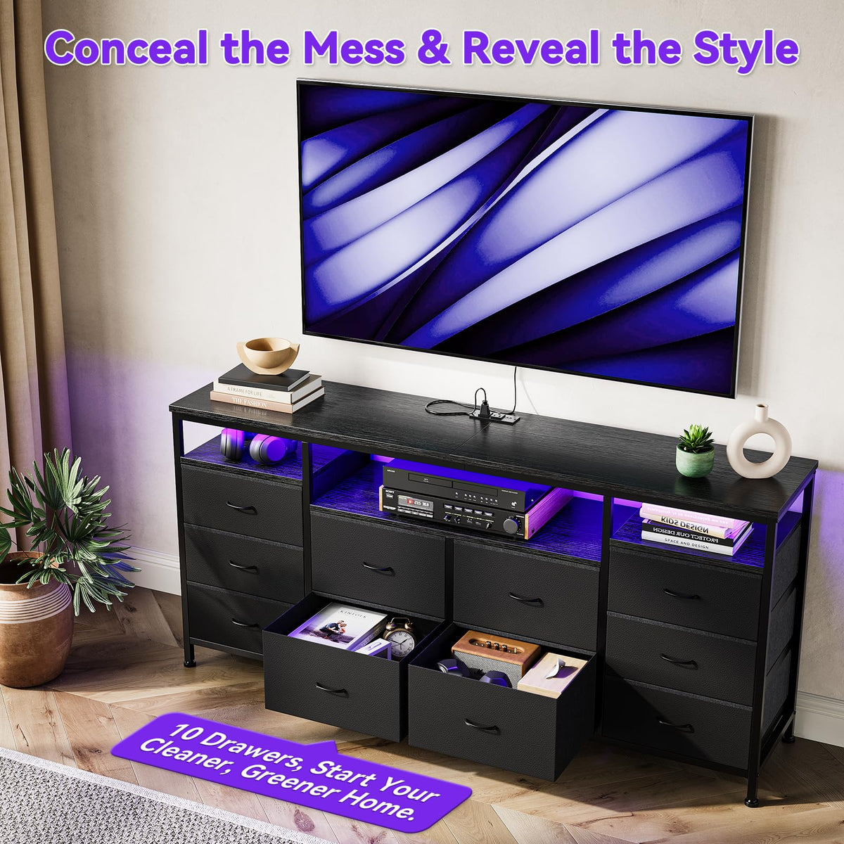 10 Drawer Dresser TV Stand with LED Lights and Power Outlets X5855