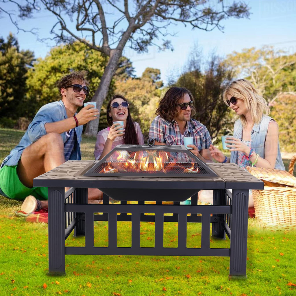 32 Inch Metal Square Outdoor Wood Burning Fire Pit Table V51551