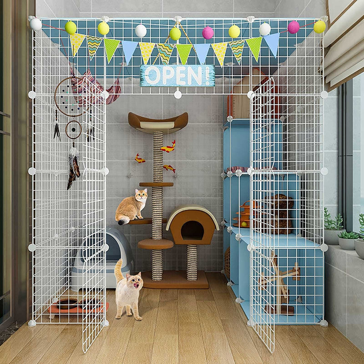 Large Cat Cage Indoor Cat Playpen Detachable Metal Cat Kennels with Ramp Ladders Hammock and Bed Black K8325