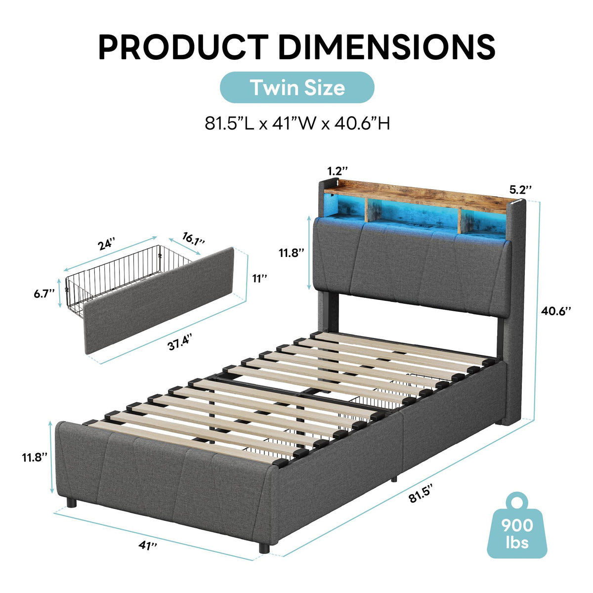 Twin Bed Frame with 2 Drawers, Charging Station & LED Lights, Grey J51617