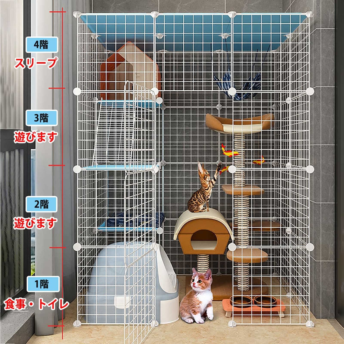 Large Cat Cage Indoor Cat Playpen Detachable Metal Cat Kennels with Ramp Ladders Hammock and Bed Black K8325