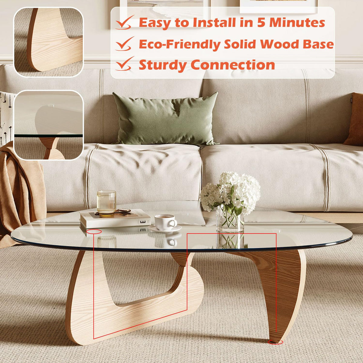 Modern Coffee Table with Tempered Glass Top and Solid Wood Base V82987