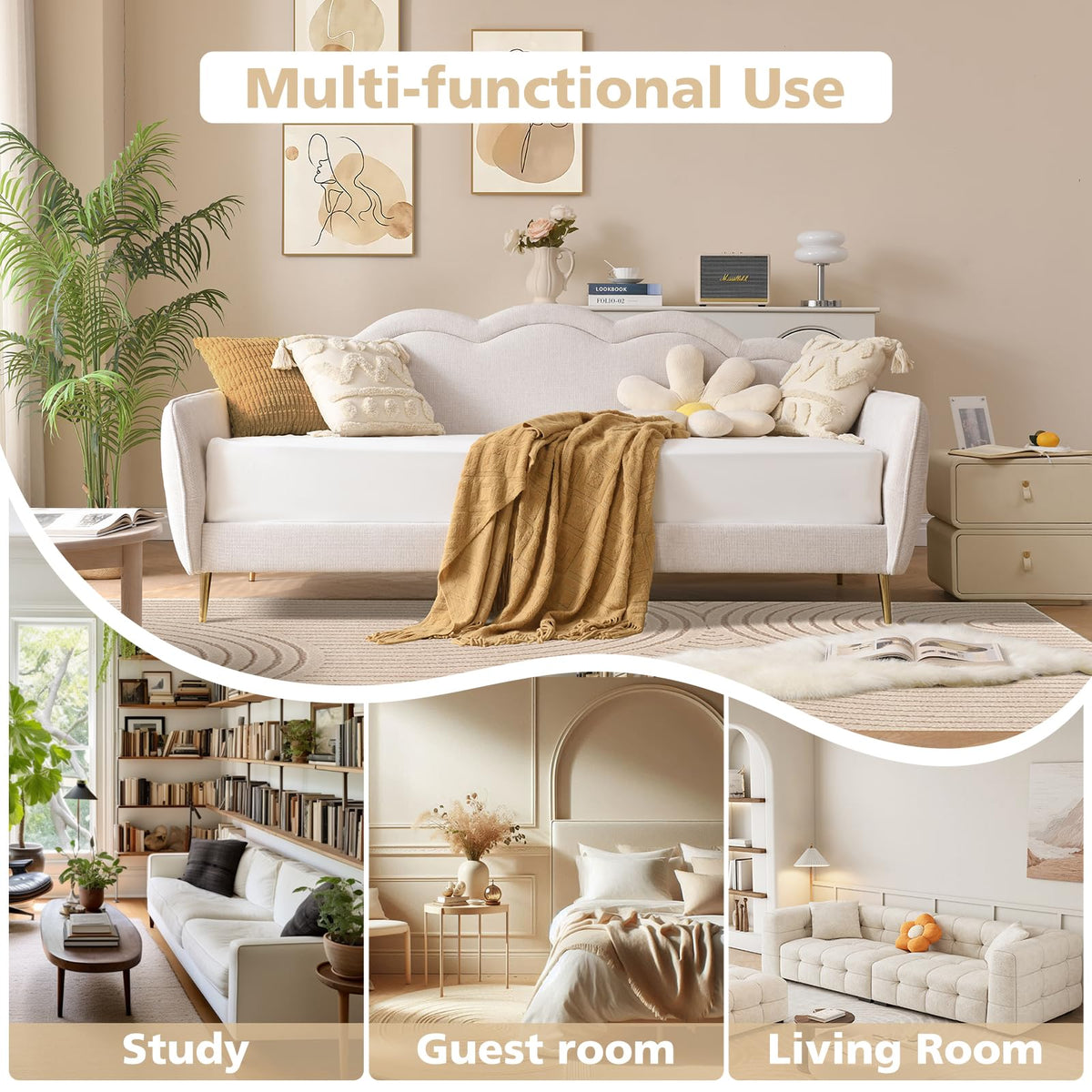 Twin Size Upholstered Linen Daybed with Metal Legs P447379