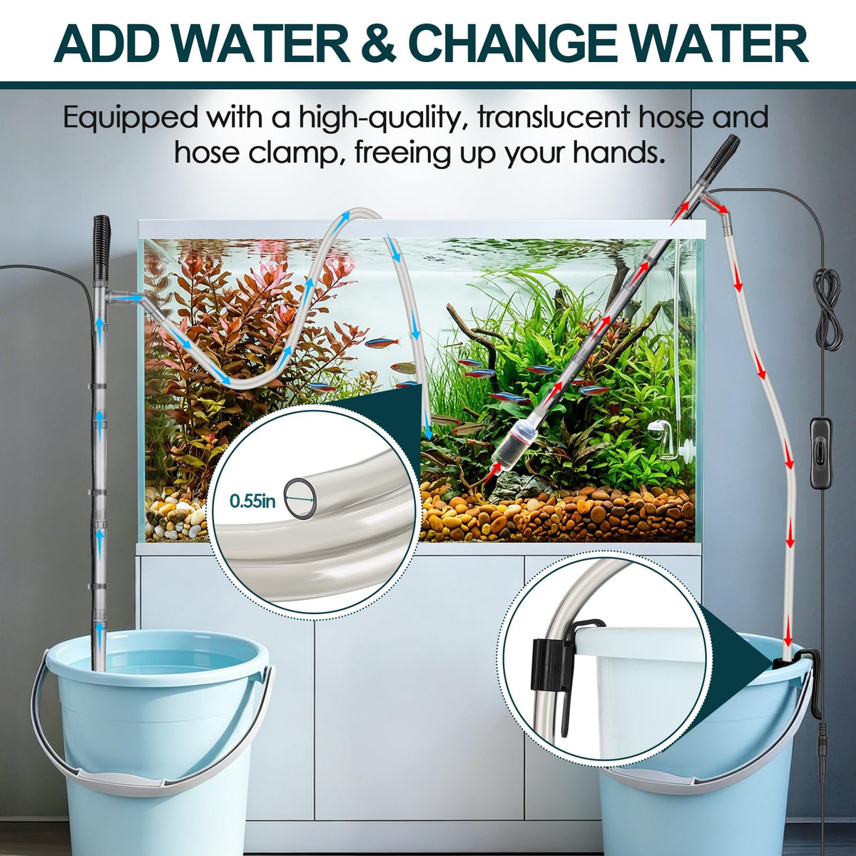 Electric Aquarium Gravel Cleaner, 528GPH Fish Tank Vacuum, 5-in-1 Sand Washer Water Changer Kit X1762