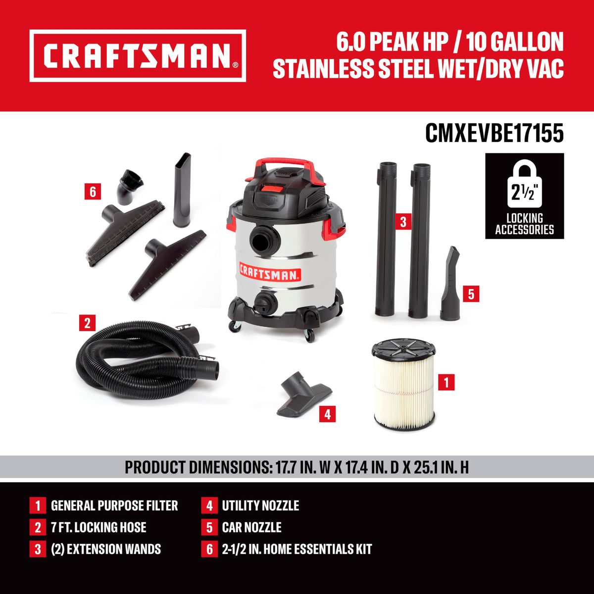 10 Gallon 6.0 Peak HP Stainless Steel Vacuum L726785