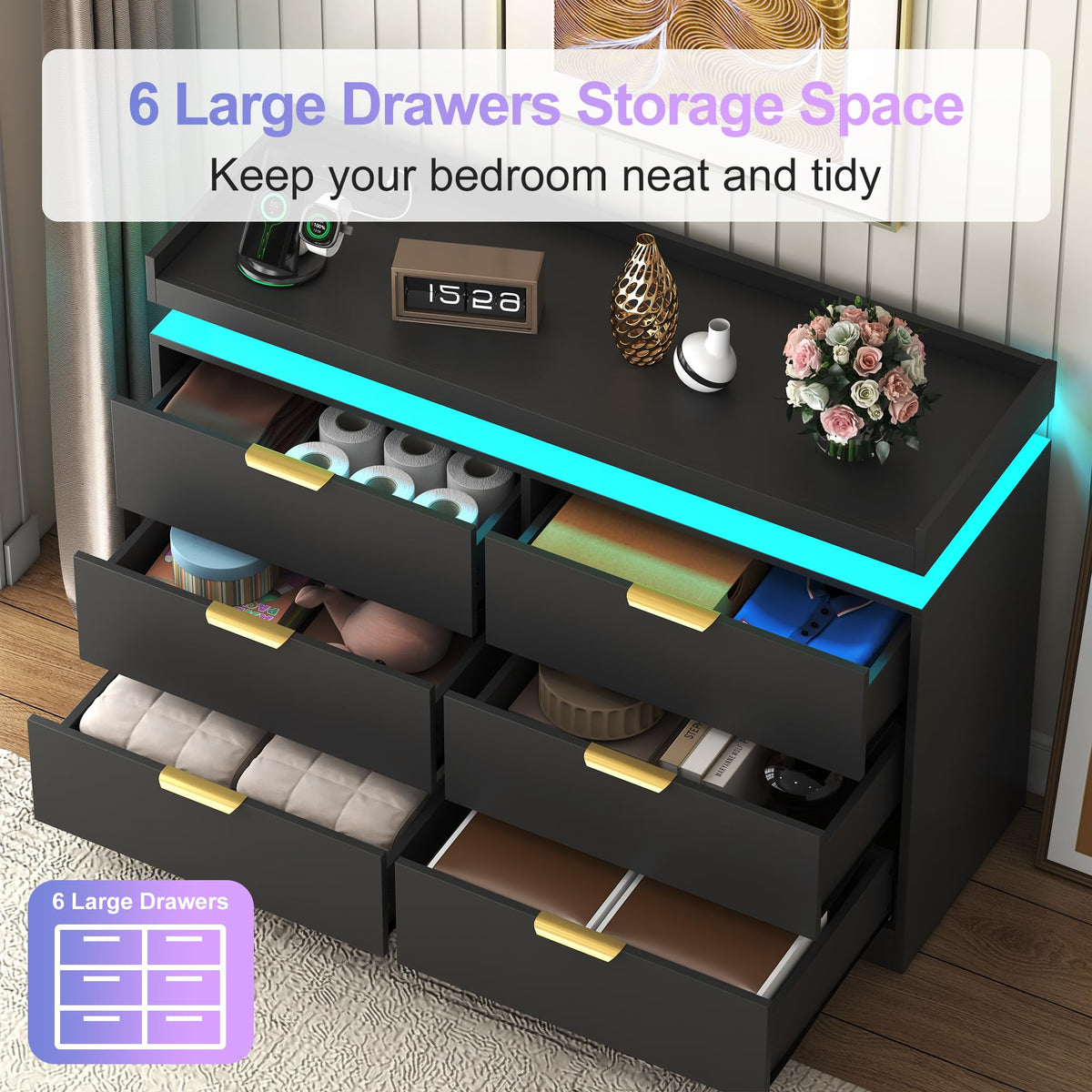 Black 6 Drawer Wood Dresser with LED Lights and Power Outlet T809