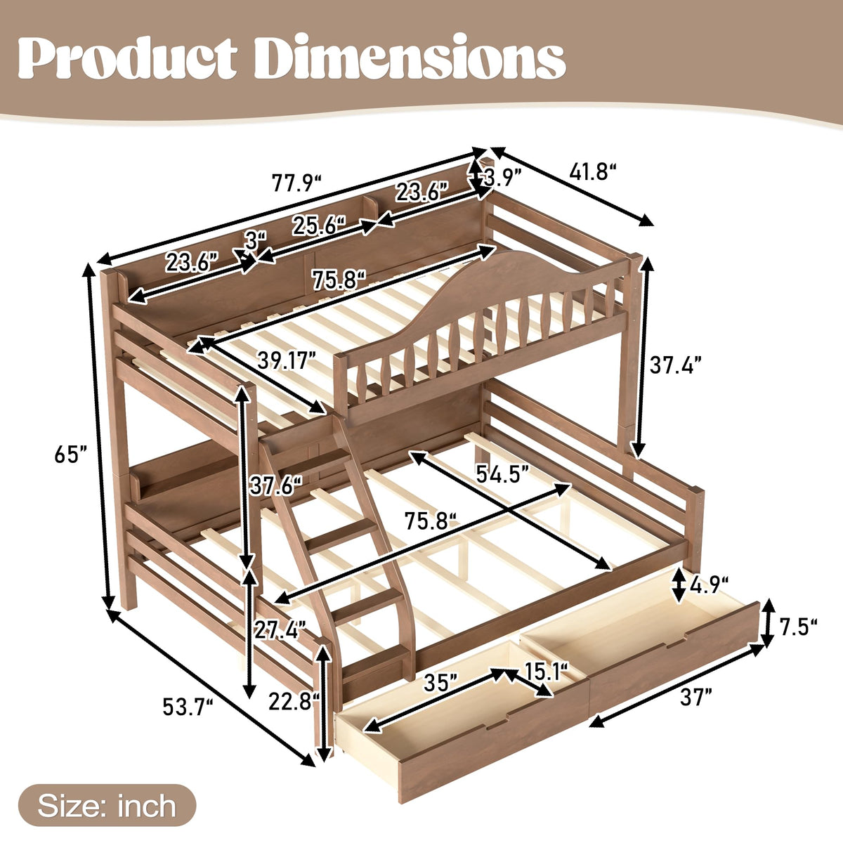 Twin Over Full Size Wooden Bunk Bed with Drawers & Ladder H830493