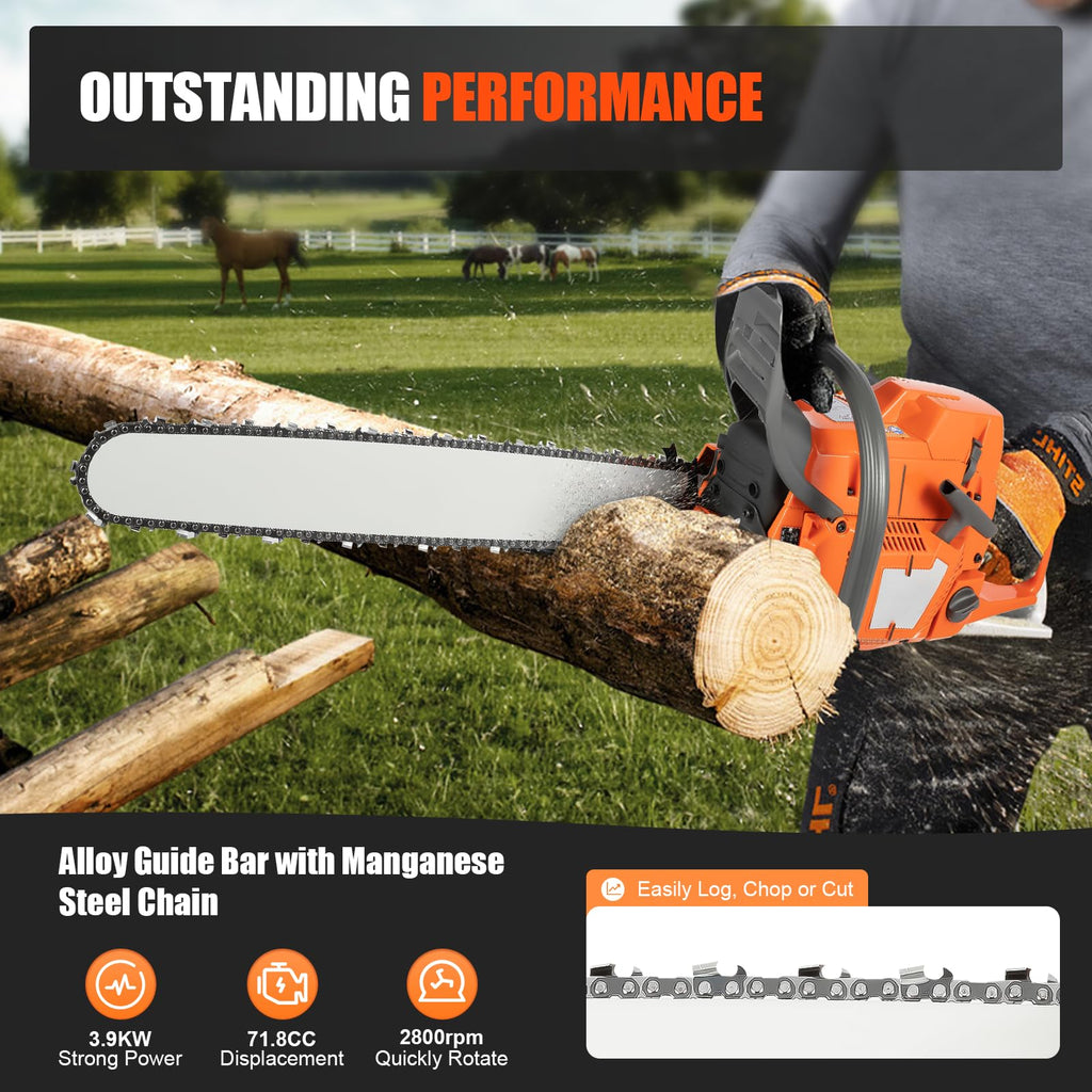 Gas Powered Chainsaw, 71.8cc 2-Stroke, 24 Inch J69339