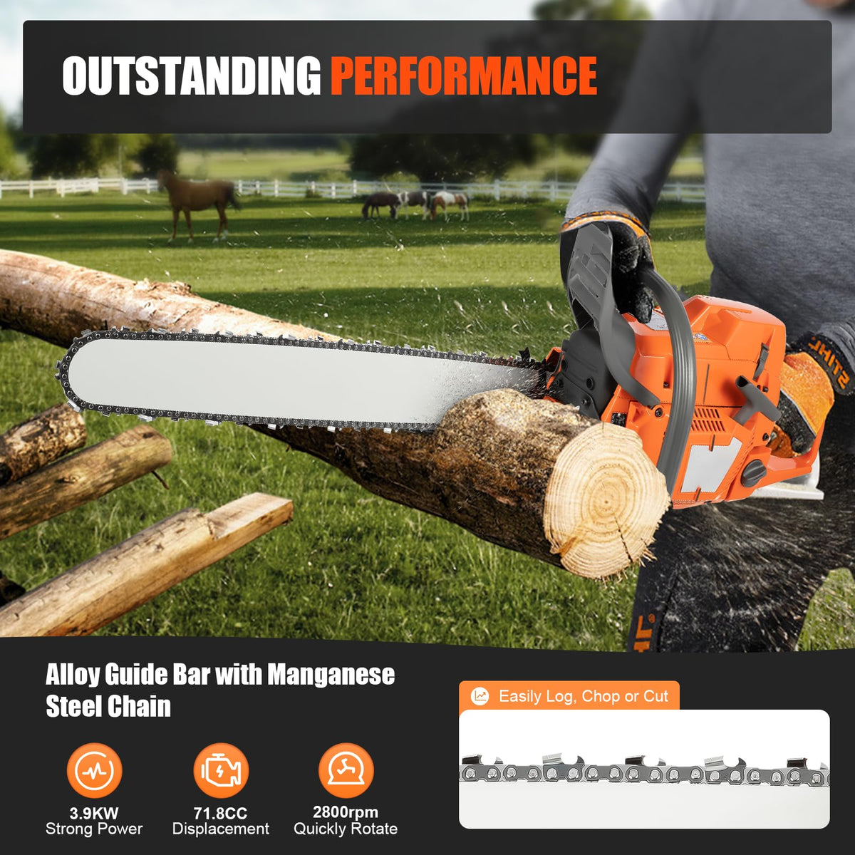 Gas Powered Chainsaw, 71.8cc 2-Stroke, 24 Inch J69339