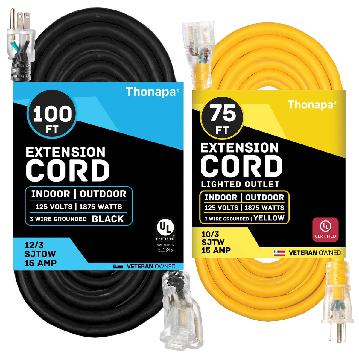 Black Oil Resistant 12 Gauge Extension Cord 100 ft and Yellow 10 Gauge Extension Cord 75 ft F27830
