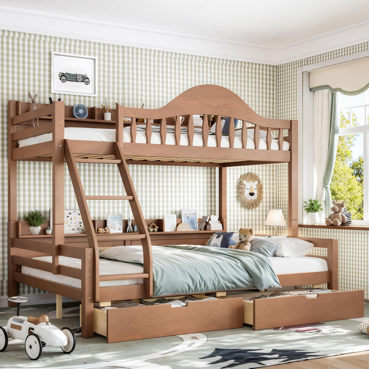 Twin Over Full Size Wooden Bunk Bed with Drawers & Ladder H830493