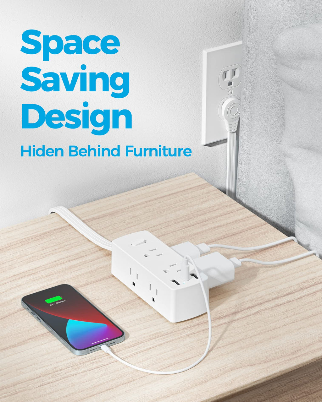 Flat Plug Power Strip with 5 FT Extension Cord, 6 Outlets 3 USB Ports, White H4060