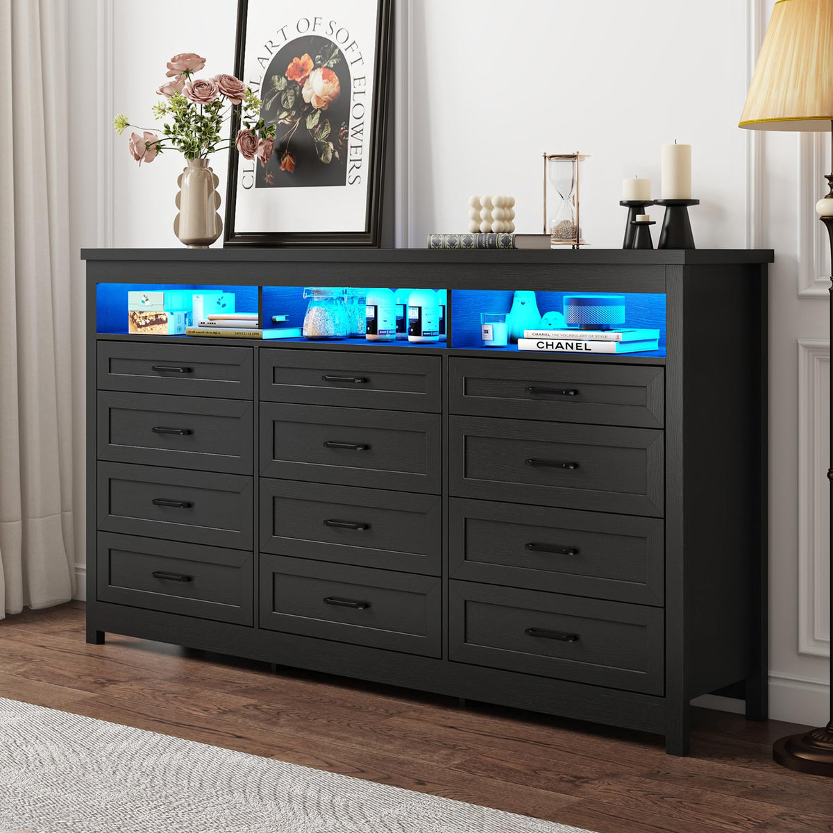 Black 12 Drawer Wood Dresser with LED Lights C19161