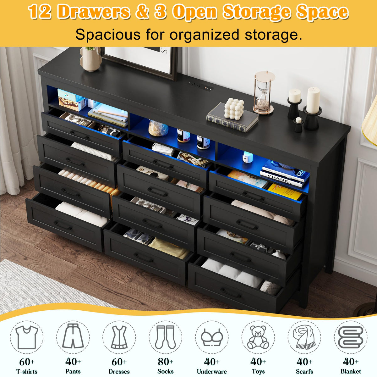 Black 12 Drawer Wood Dresser with LED Lights C19161