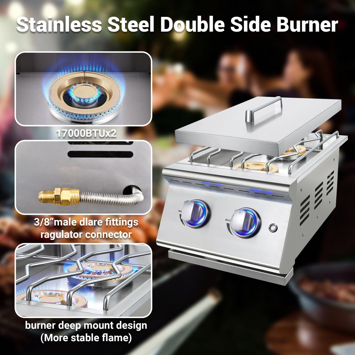 Double Grilling Side Burners, 2 * 17,000BTU, Convertible to Liquid Propane, 304 Stainless Steel T25310