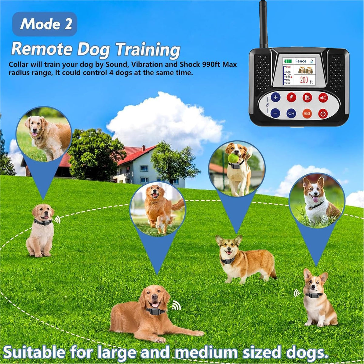 Wireless Electric Dog Fence & Training Collar 2-in-1, Waterproof Rechargeable, Up to 8 Acre E293015