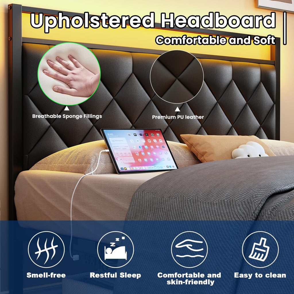 Full Size Black Metal Bed Frame with LED Lights & Charging Station D8378