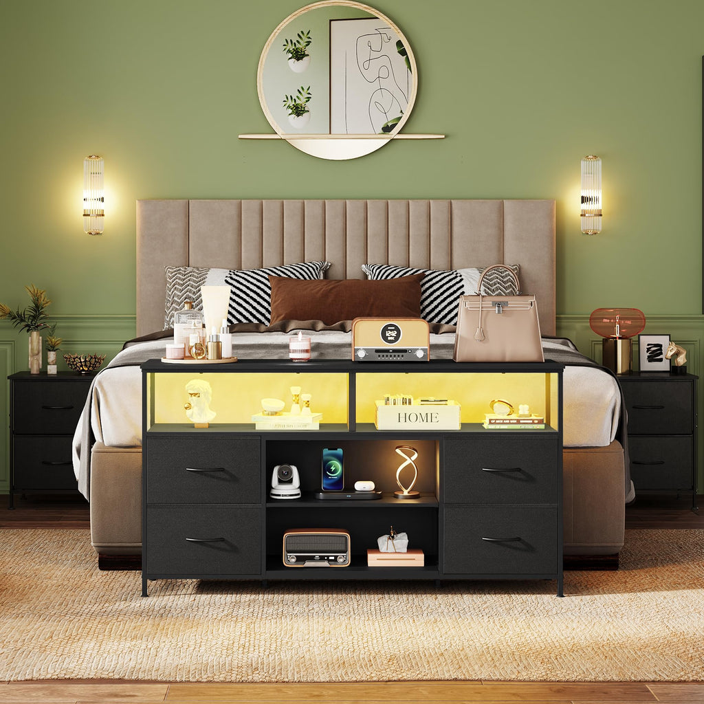 Black TV Stand Dresser with LED Lights and Fabric Drawers Q690560