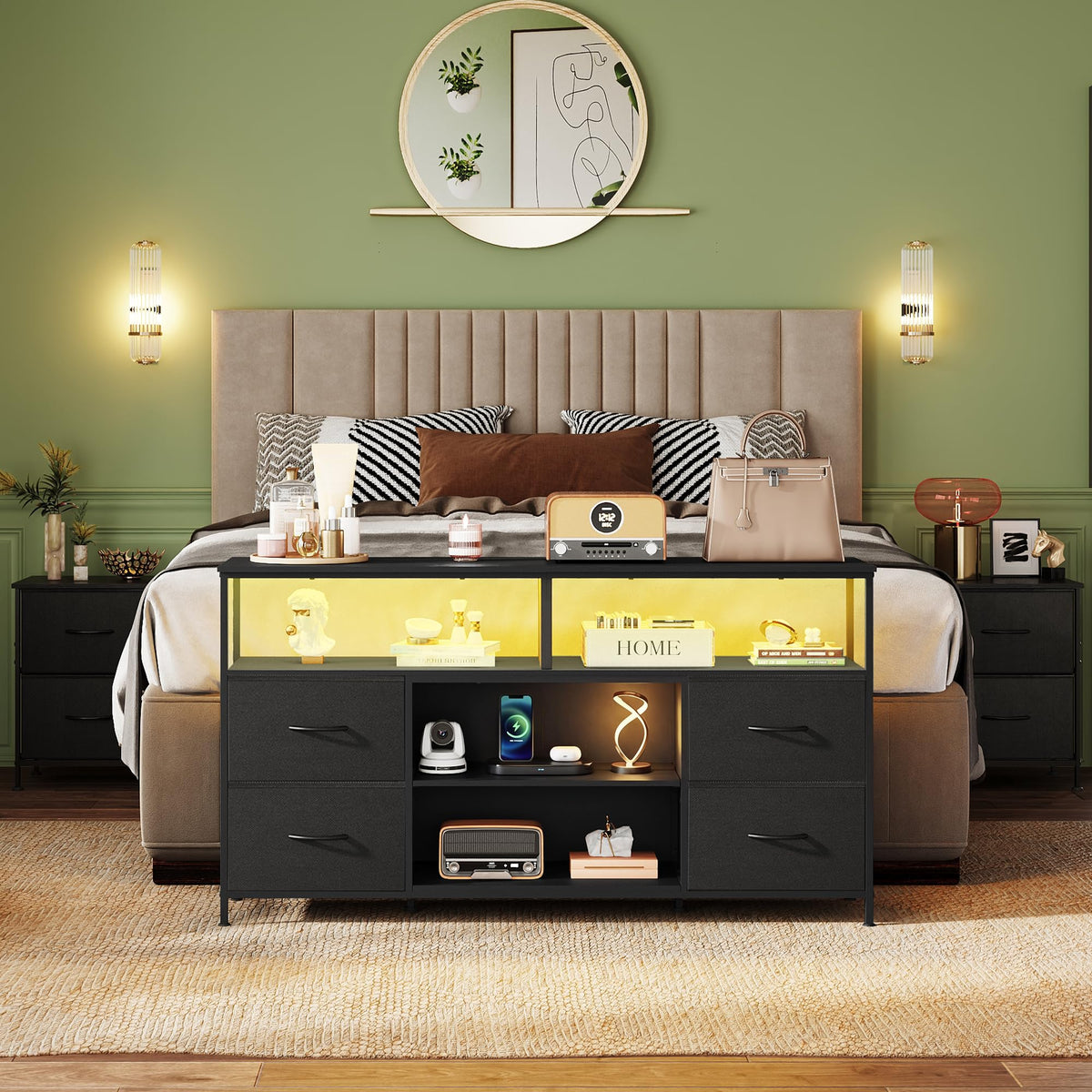 Black TV Stand Dresser with LED Lights and Fabric Drawers Q690560