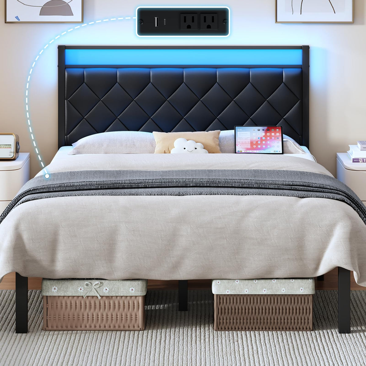 Full Size Black Metal Bed Frame with LED Lights & Charging Station D8378
