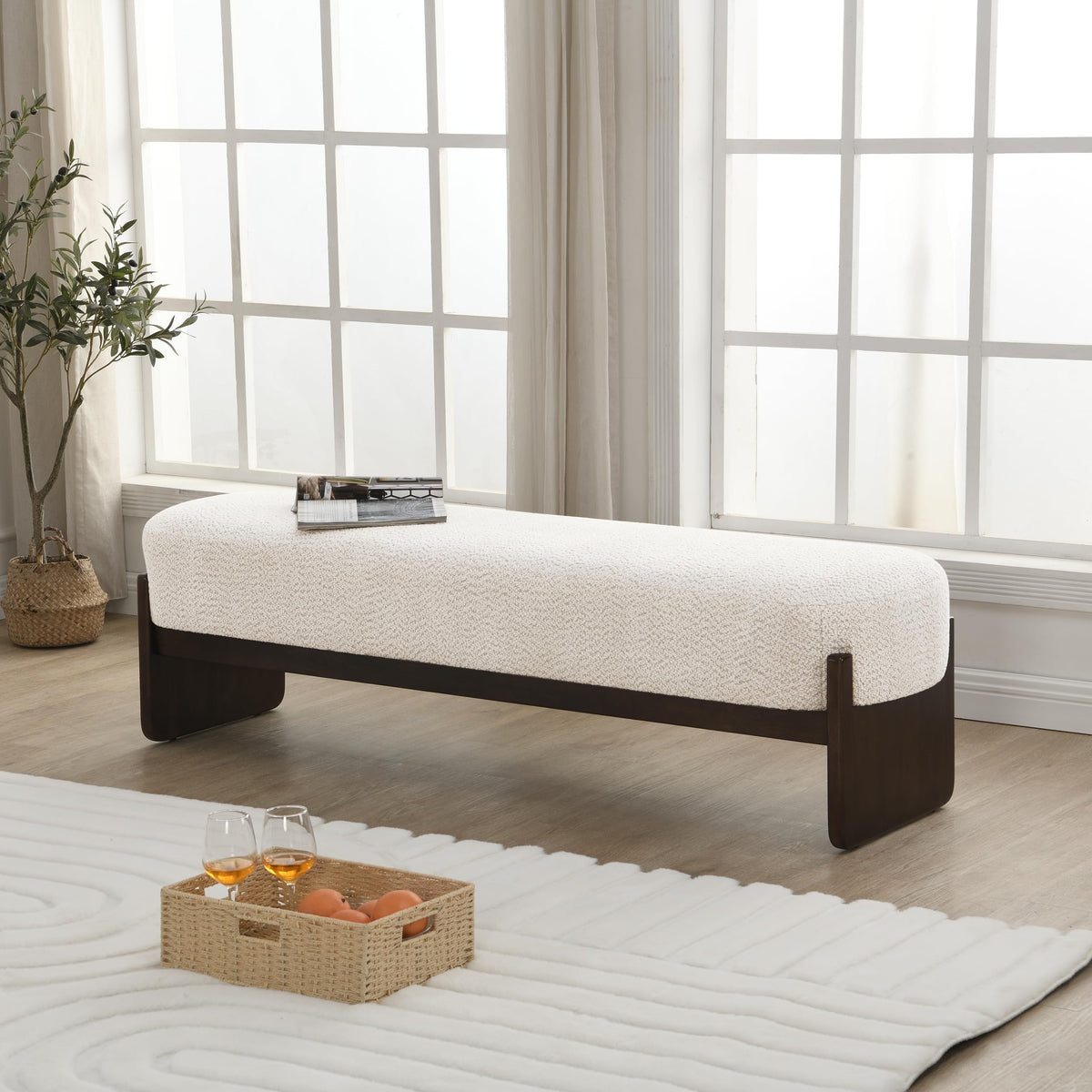 Beige Brown Loop Yarn Fabric Ottoman Bench H672861