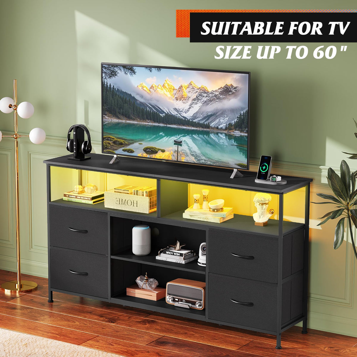 Black TV Stand Dresser with LED Lights and Fabric Drawers Q690560