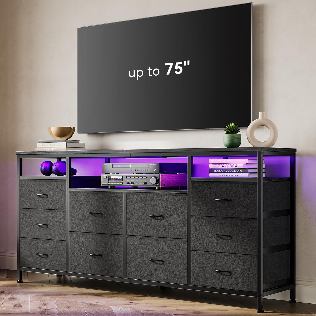 10 Drawer Dresser TV Stand with LED Lights and Power Outlets X5855