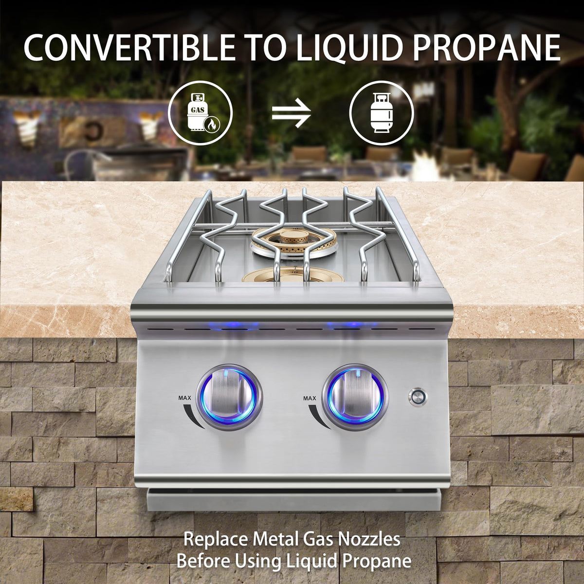 Double Grilling Side Burners, 2 * 17,000BTU, Convertible to Liquid Propane, 304 Stainless Steel T25310