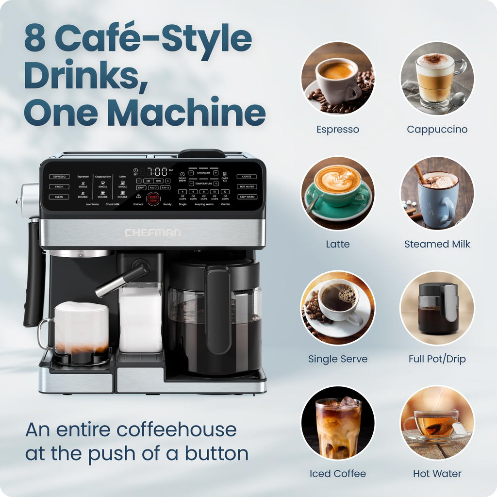 8-in-1 Espresso Machine with Milk Frother, 12-Cup Carafe, Black H944