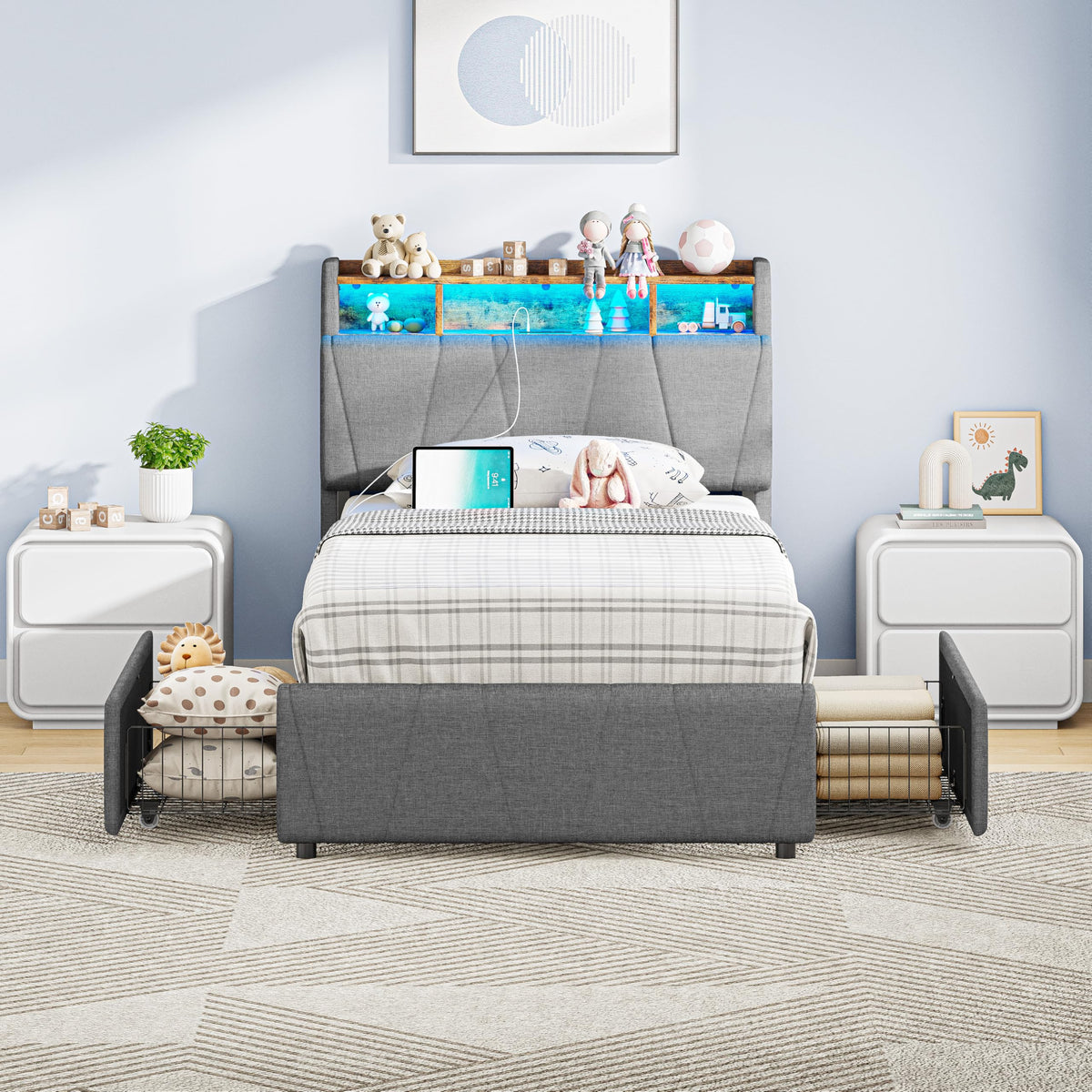 Twin Bed Frame with 2 Drawers, Charging Station & LED Lights, Grey J51617