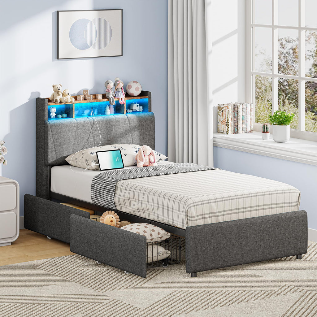 Twin Bed Frame with 2 Drawers, Charging Station & LED Lights, Grey J51617