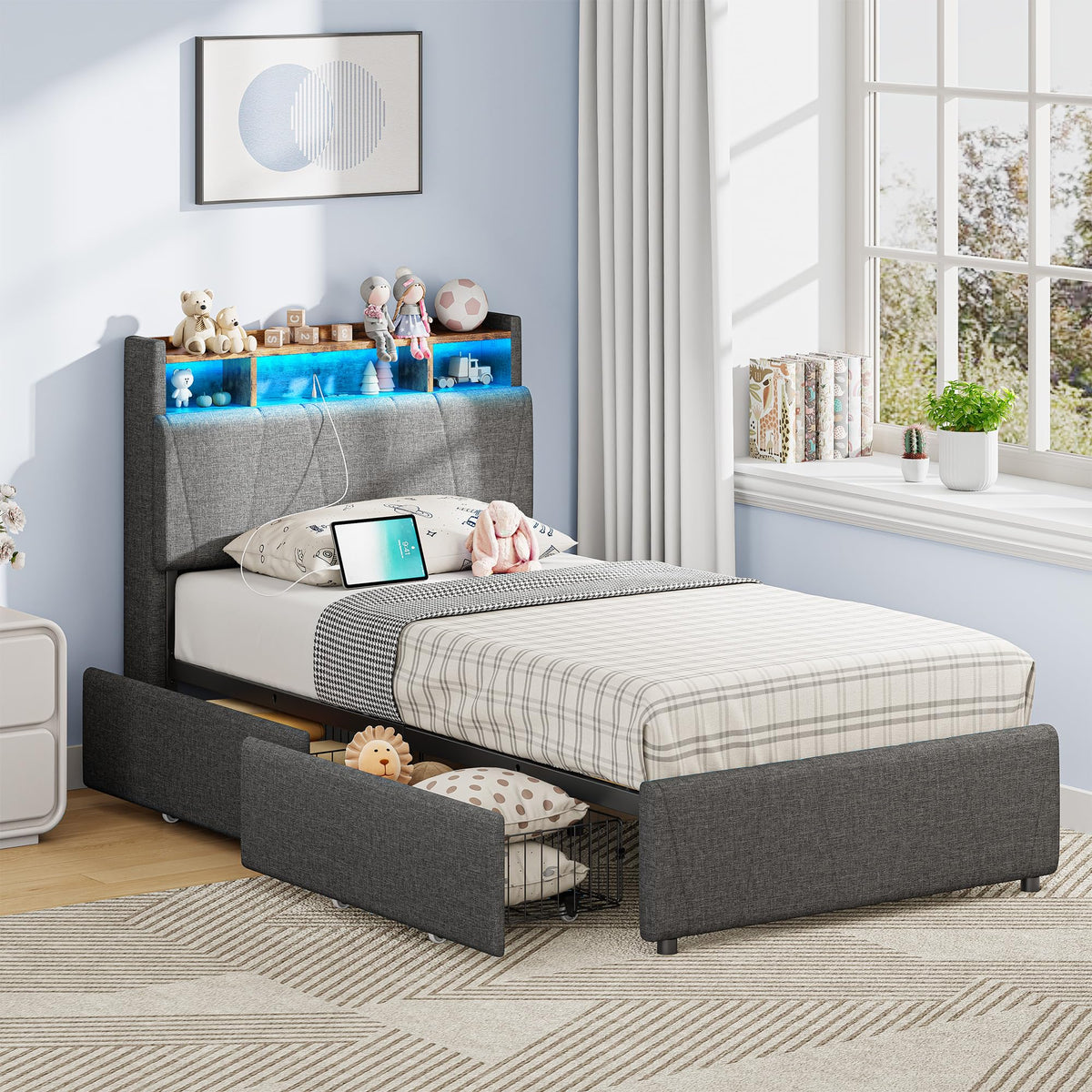 Twin Bed Frame with 2 Drawers, Charging Station & LED Lights, Grey J51617