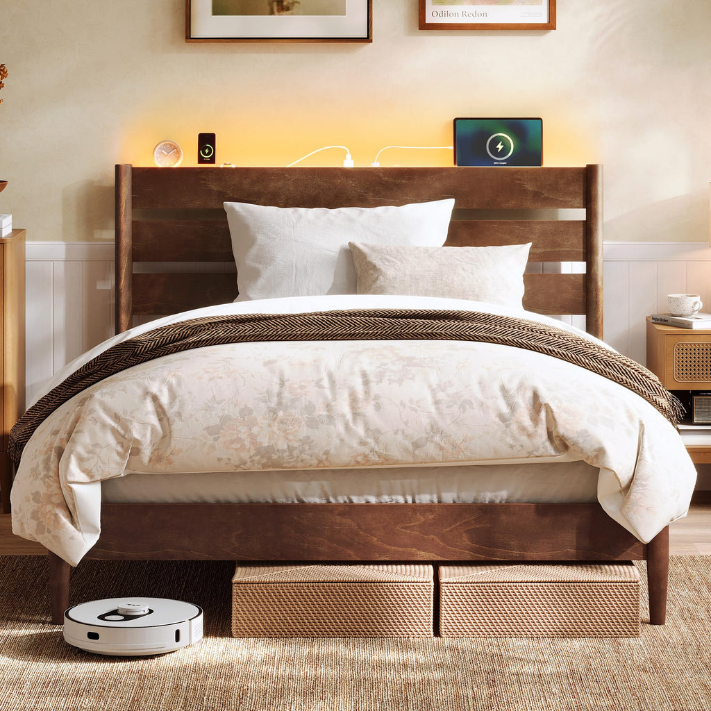 Full Wood Platform Bed with Headboard Storage Shelf D984