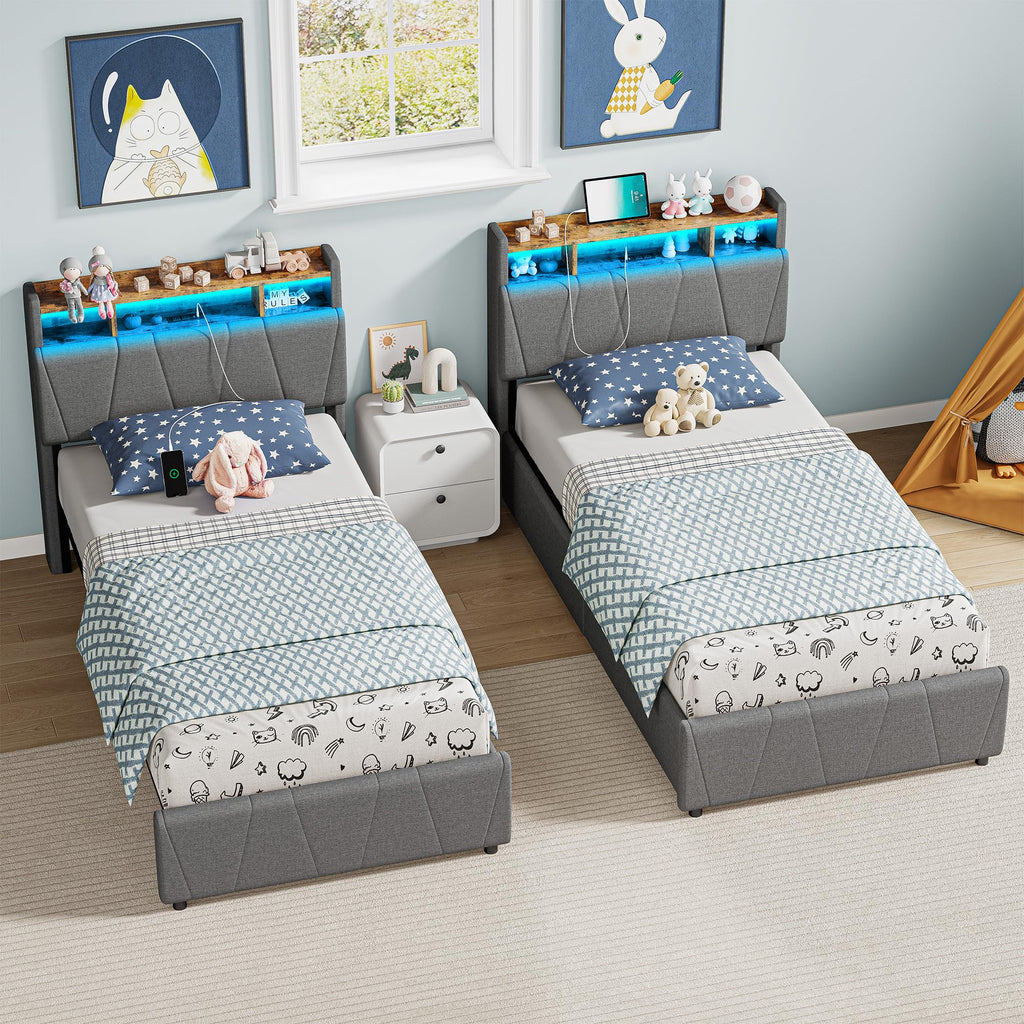 Twin Bed Frame with 2 Drawers, Charging Station & LED Lights, Grey J51617