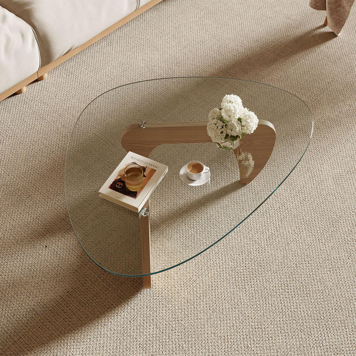 Modern Coffee Table with Tempered Glass Top and Solid Wood Base V82987