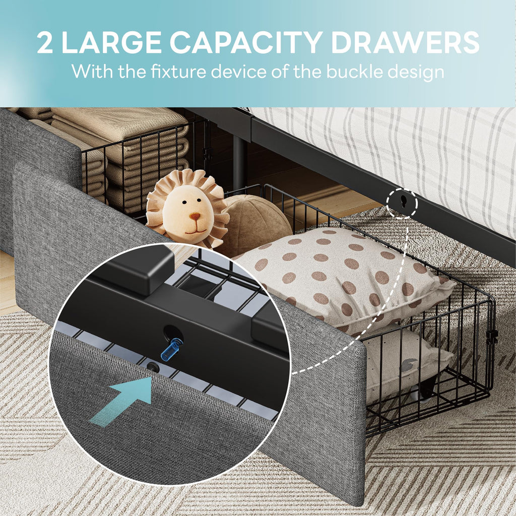 Twin Bed Frame with 2 Drawers, Charging Station & LED Lights, Grey J51617