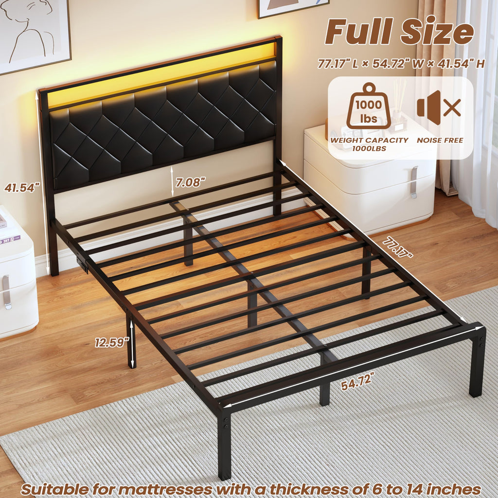 Full Size Black Metal Bed Frame with LED Lights & Charging Station D8378