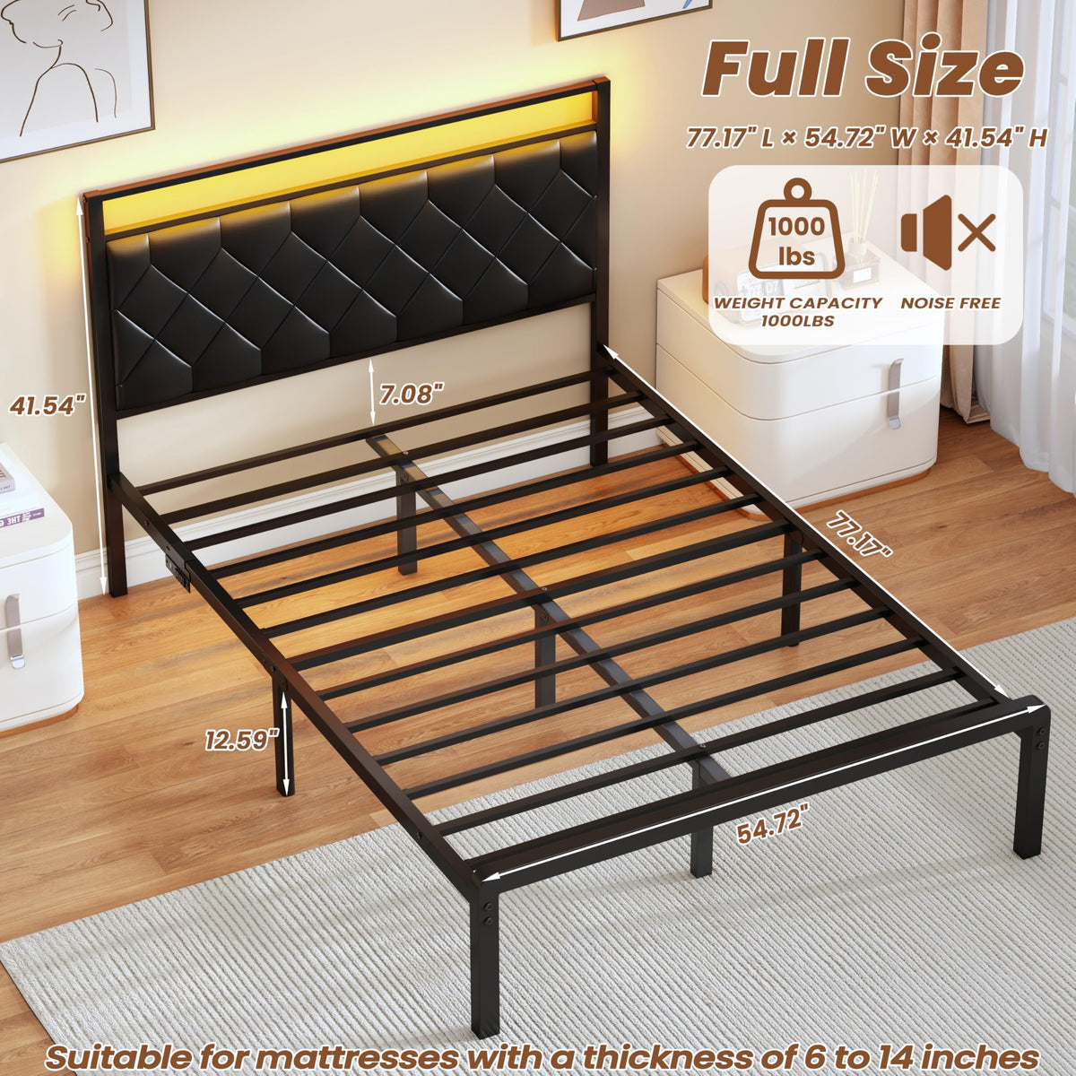 Full Size Black Metal Bed Frame with LED Lights & Charging Station D8378