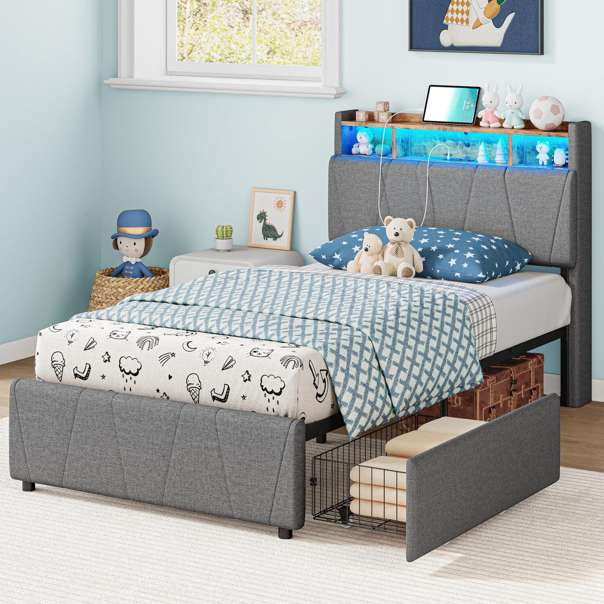 Twin Bed Frame with 2 Drawers, Charging Station & LED Lights, Grey J51617
