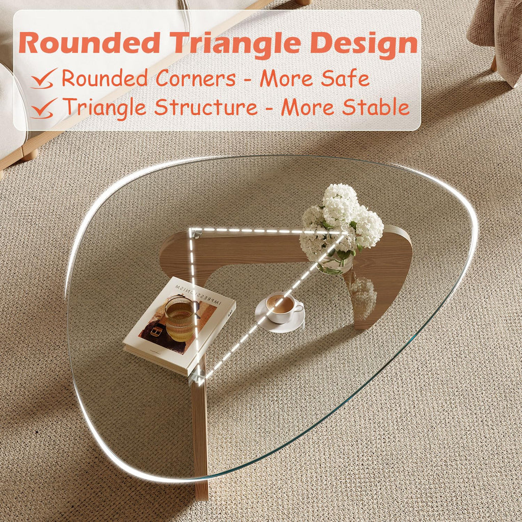 Modern Coffee Table with Tempered Glass Top and Solid Wood Base V82987