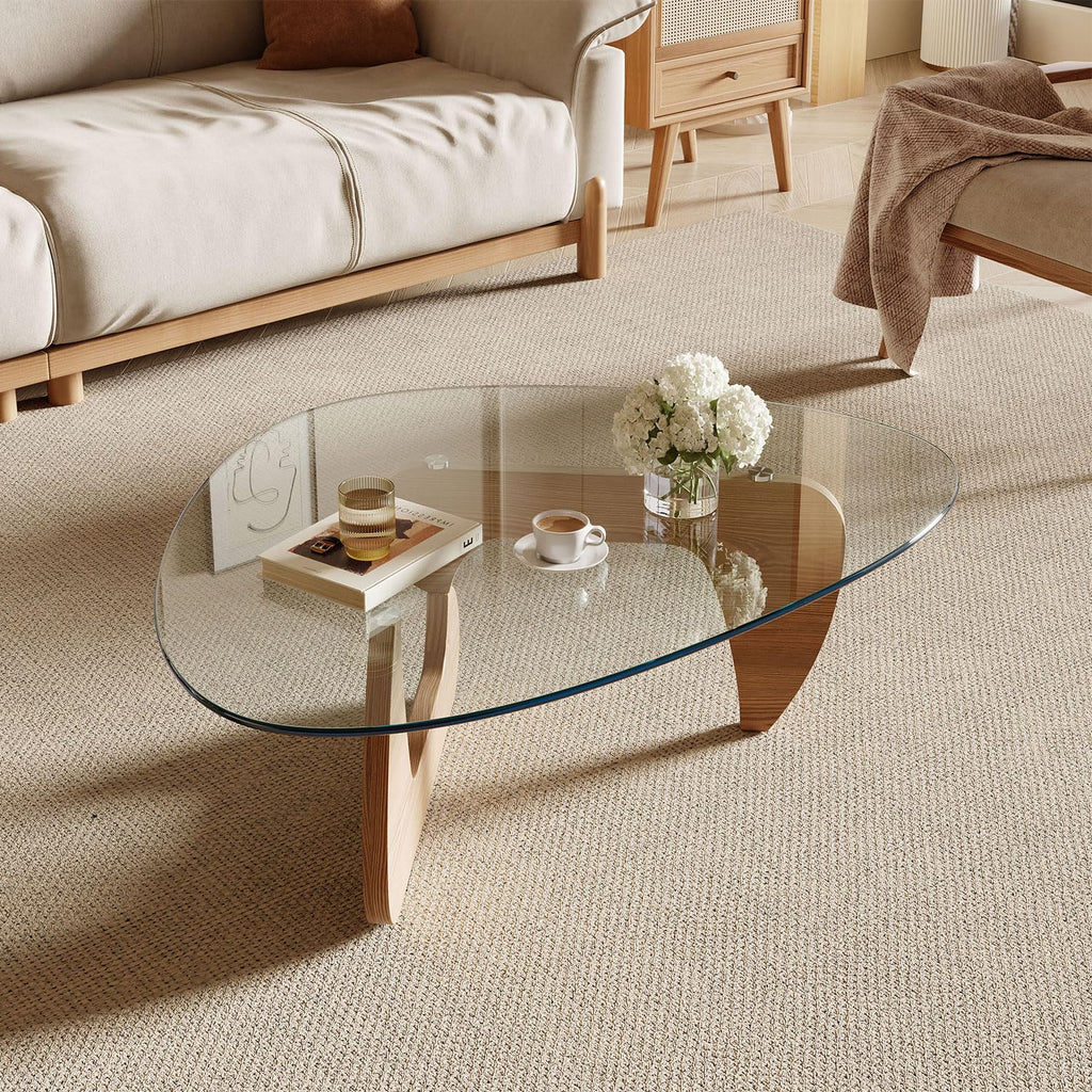 Modern Coffee Table with Tempered Glass Top and Solid Wood Base V82987