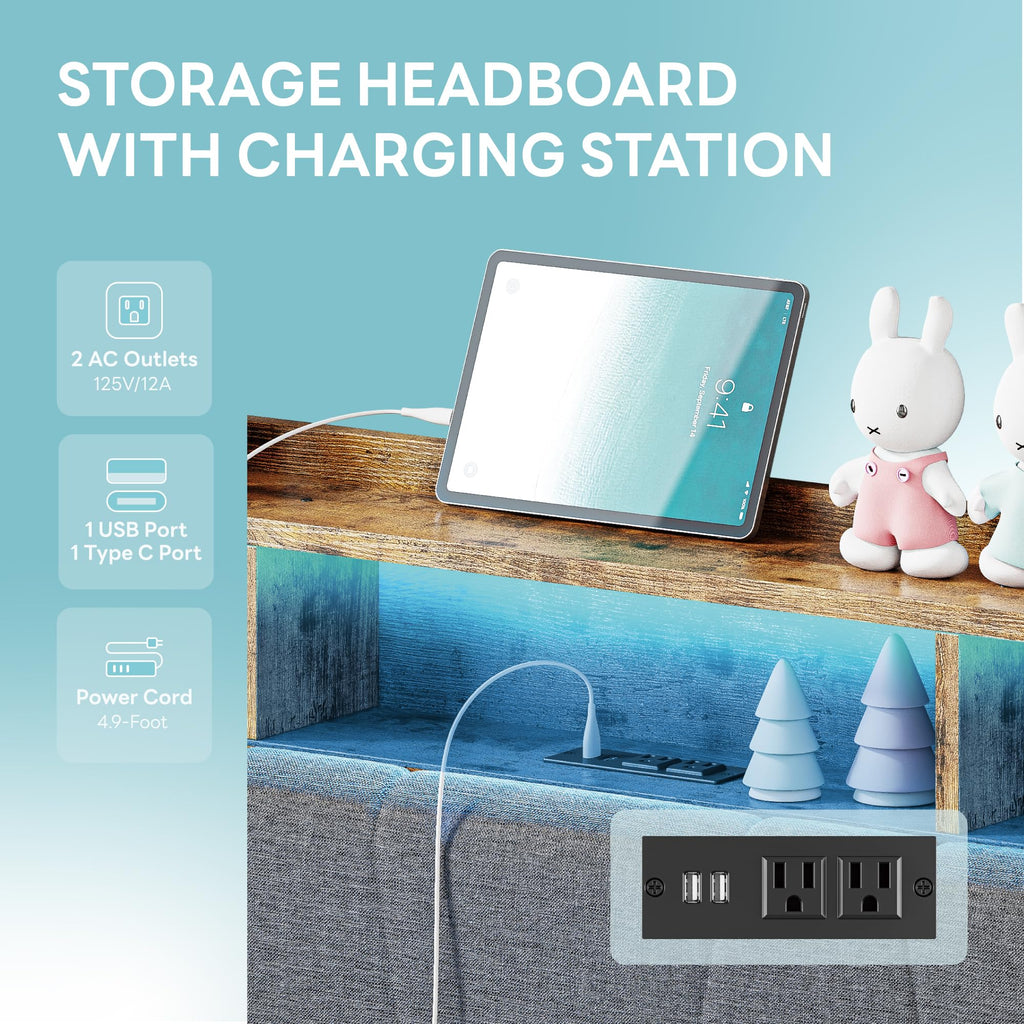 Twin Bed Frame with 2 Drawers, Charging Station & LED Lights, Grey J51617