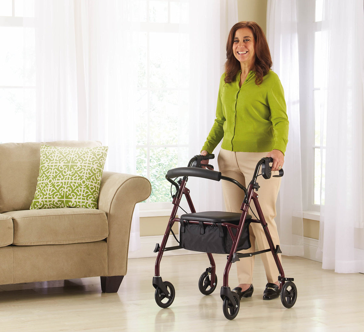 Steel Rollator Walker with Seat, Burgundy, 350 lb. Weight Capacity M63338