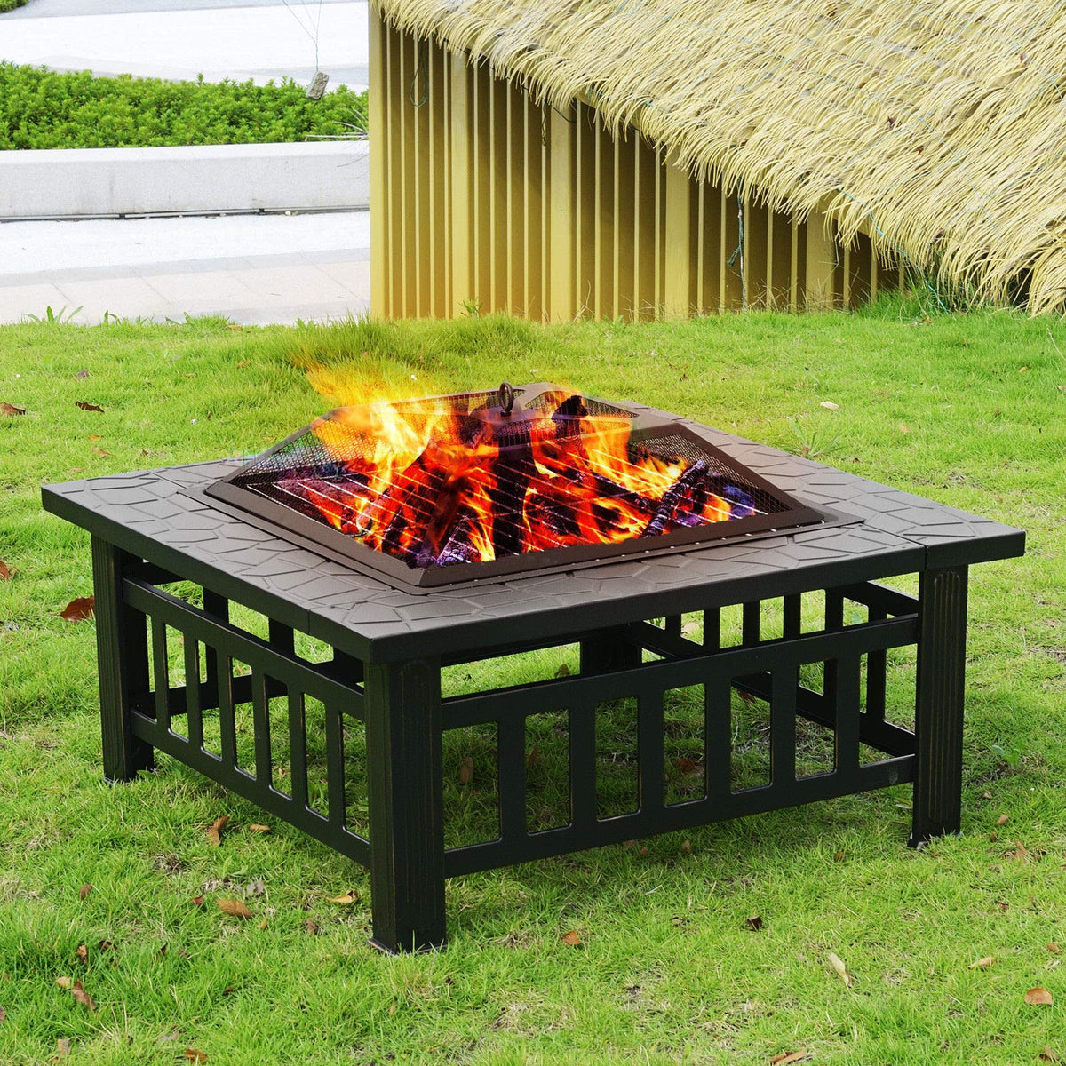 32'' Black Metal Square Wood Burning Fire Pit with Spark Screen Cover, Log Grate, Poker X82459