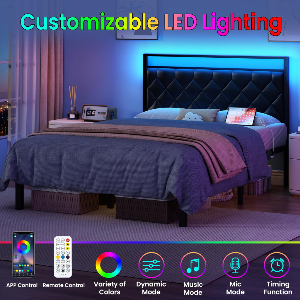 Full Size Black Metal Bed Frame with LED Lights & Charging Station D8378