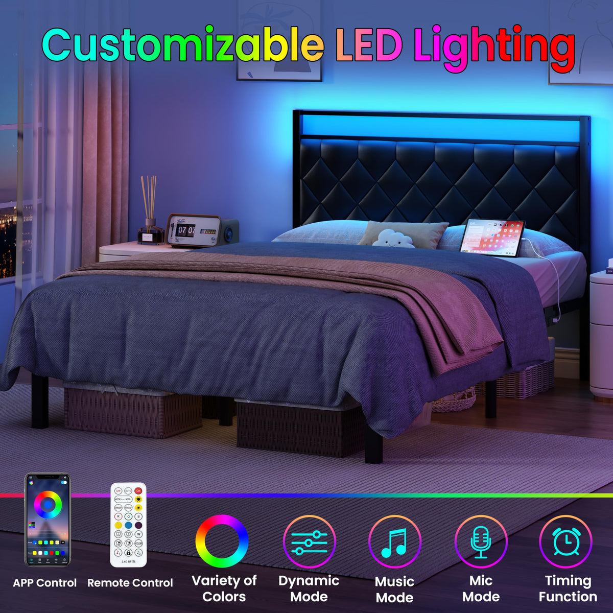 Full Size Black Metal Bed Frame with LED Lights & Charging Station D8378