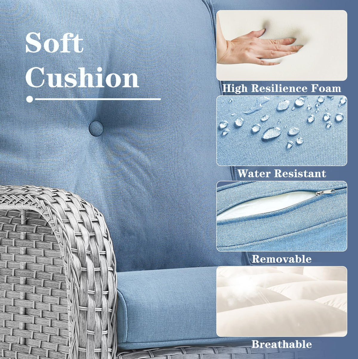 Light Gray Baby Blue Wicker 3-Seat Outdoor Sofa I619